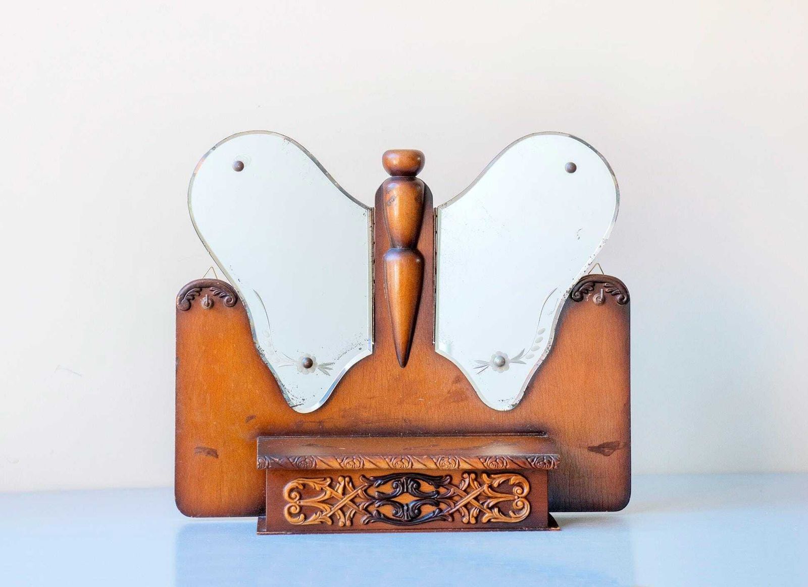 Vintage Butterfly Mirror Cabinet   Vanity Wall Cabinet   Carved Wood Shelf   Art Deco Storage Unit photo vinterior