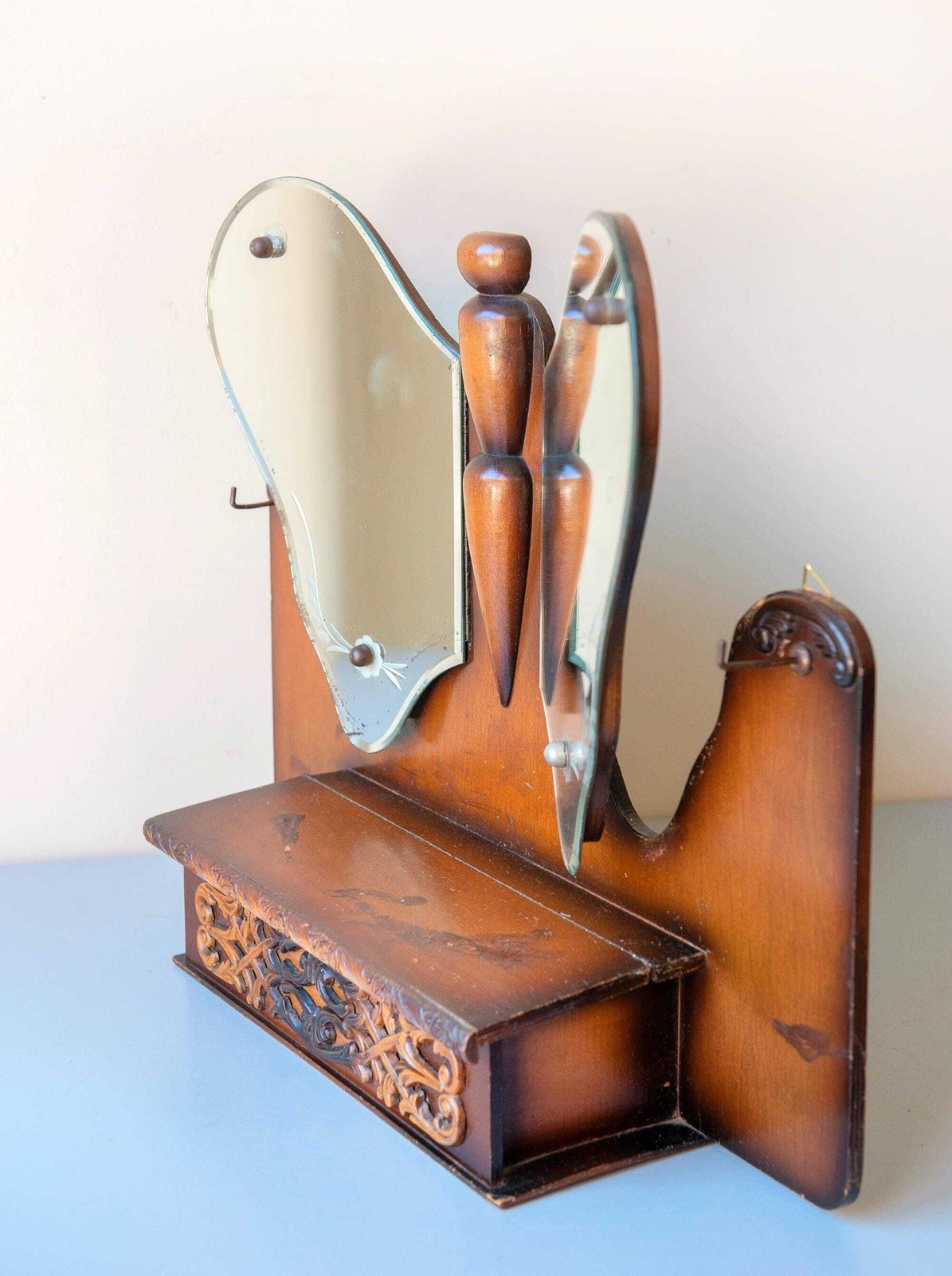 Furniture Vintage Butterfly Mirror Cabinet   Vanity Wall Cabinet   Carved Wood Shelf   Art Deco Storage Unit photo