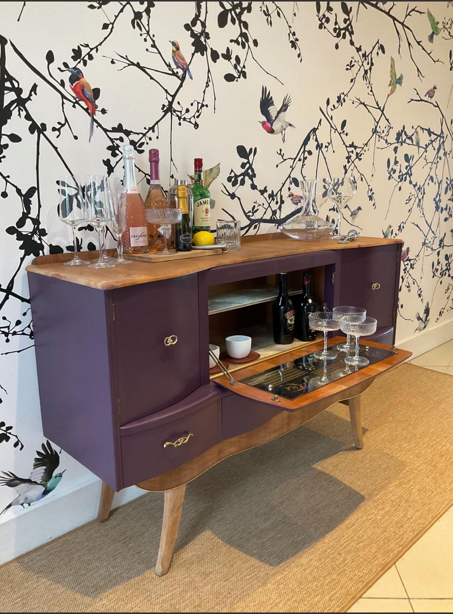 Vintage Mid Century Cocktail Cabinet / Plum & Natural Wood photo furniture
