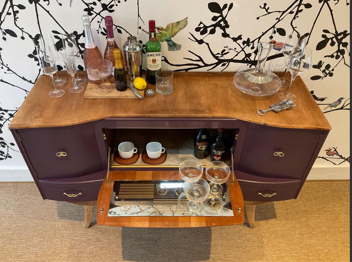Vintage Mid Century Cocktail Cabinet / Plum & Natural Wood photo for sale