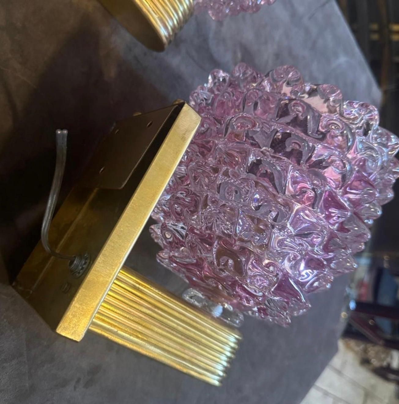 photo for sale Two 1990s Barovier Style Art Deco Rostrato Pink Murano Glass Wall Sconces