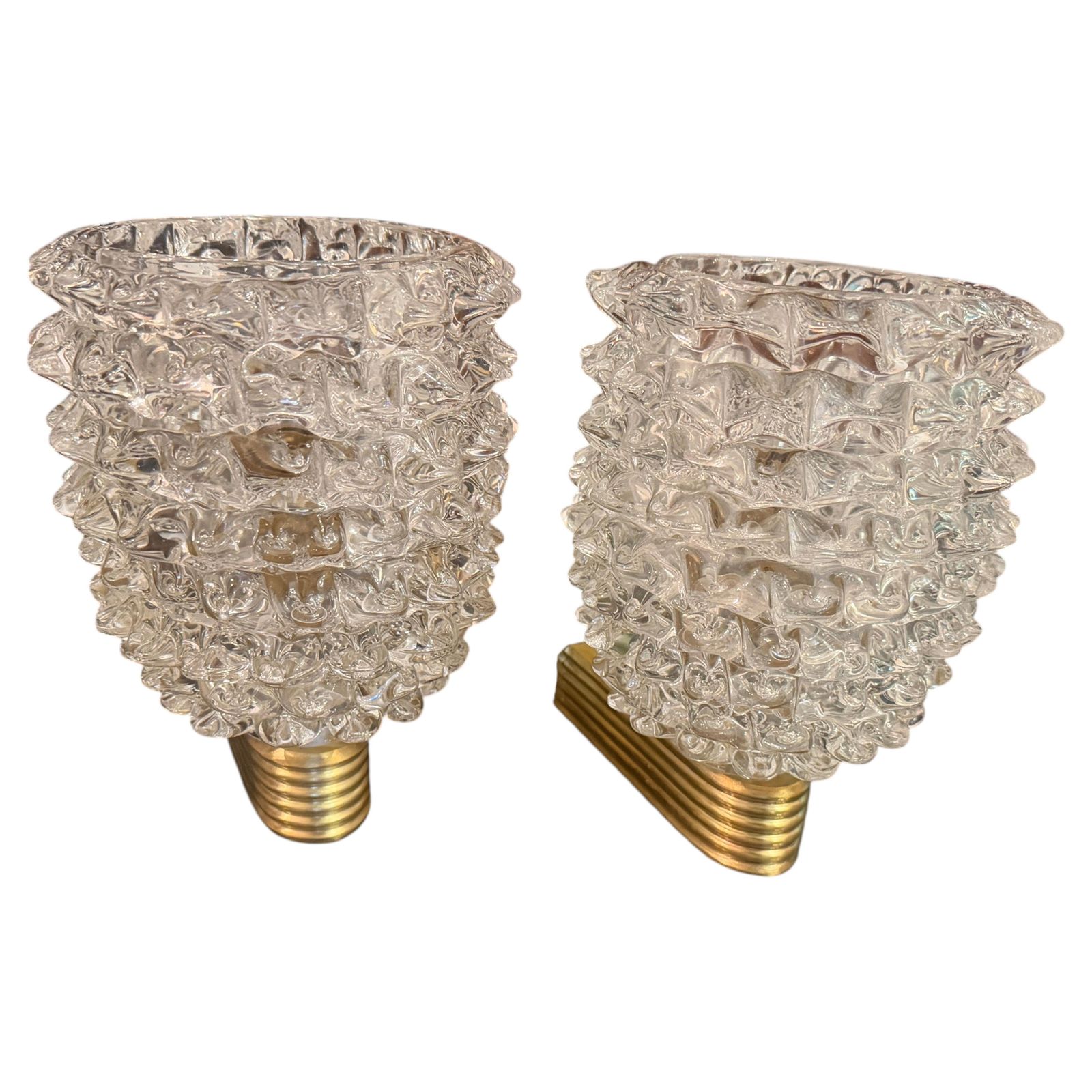 Two 1990 Barovier Style Mid Century Modern Brass And Rostrato Glass Wall Sconces