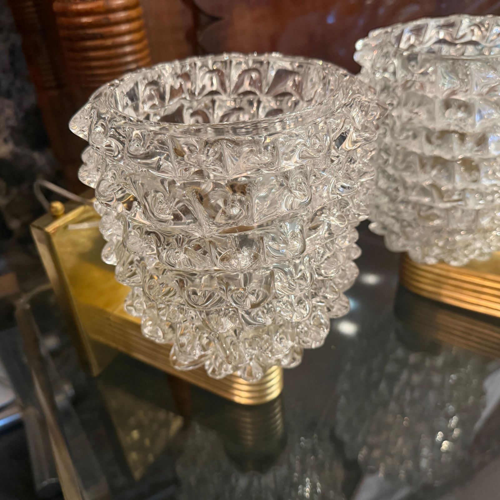 Two 1990 Barovier Style Mid Century Modern Brass And Rostrato Glass Wall Sconces photo vinterior