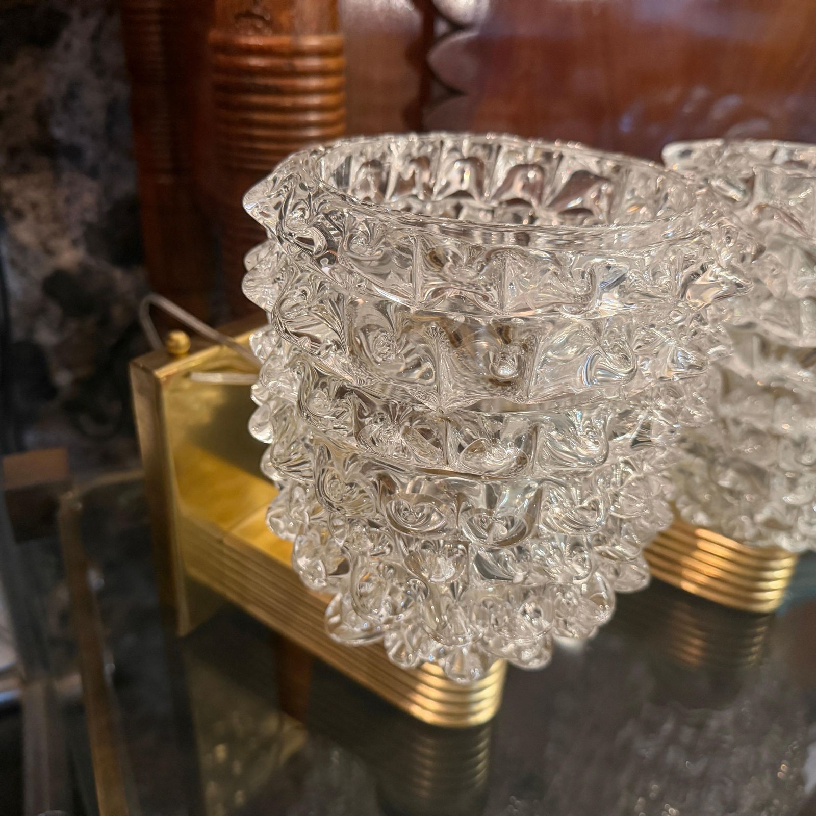 Two 1990 Barovier Style Mid Century Modern Brass And Rostrato Glass Wall Sconces photo vintage