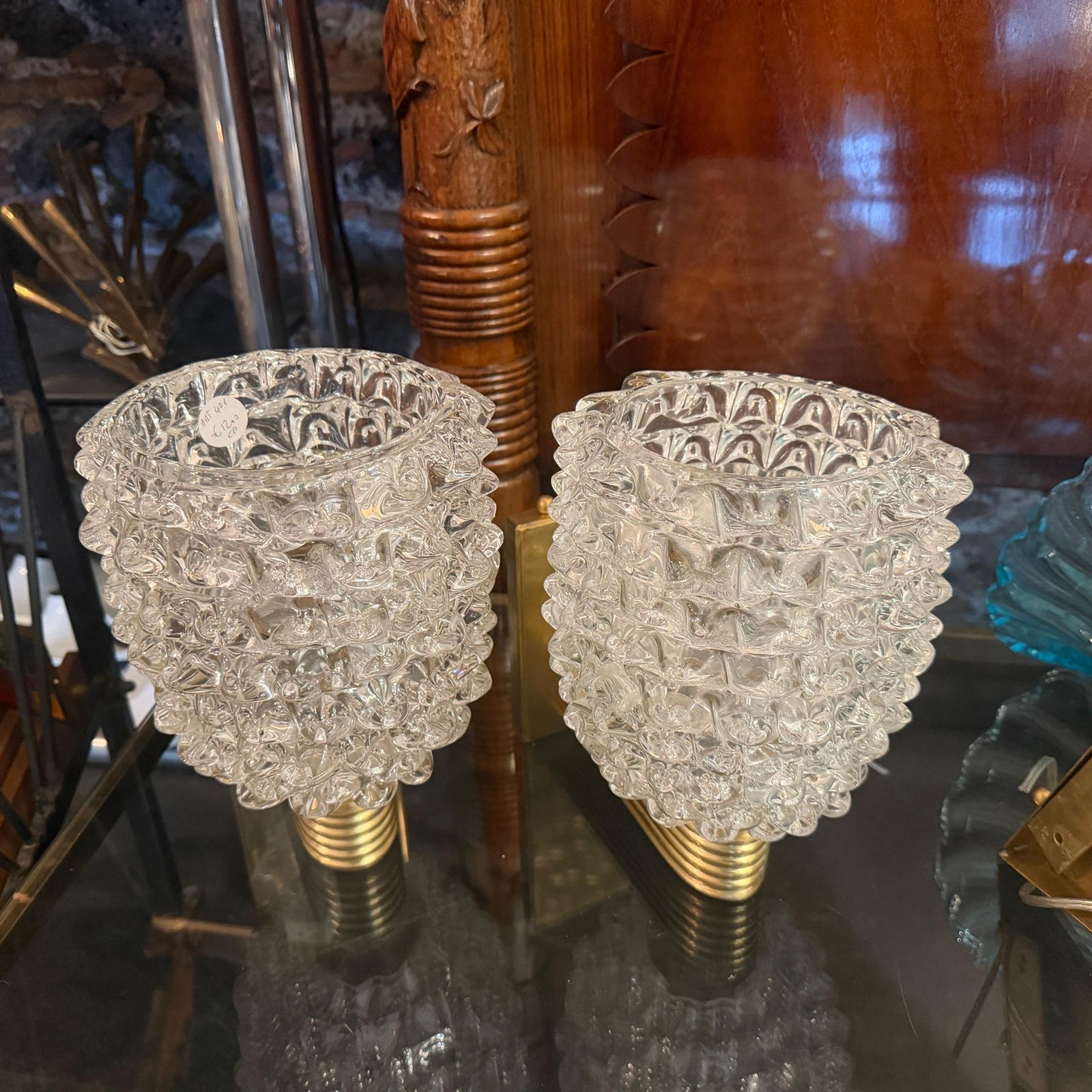 Lighting Two 1990 Barovier Style Mid Century Modern Brass And Rostrato Glass Wall Sconces photo