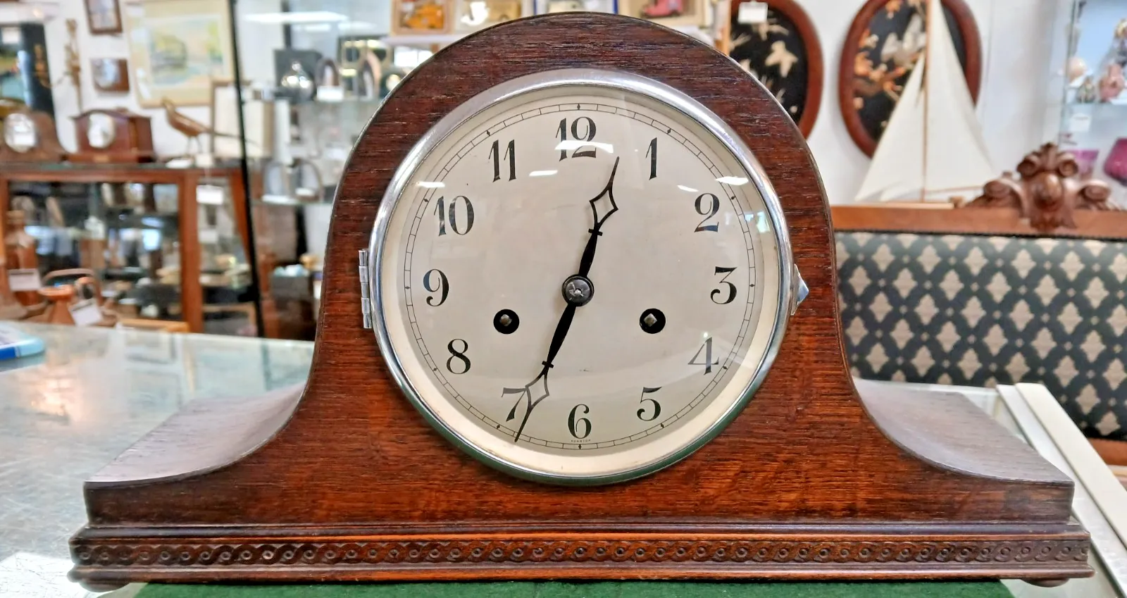 Vintage Oak Cased Napoleon Hat Mantel Clock Working Order