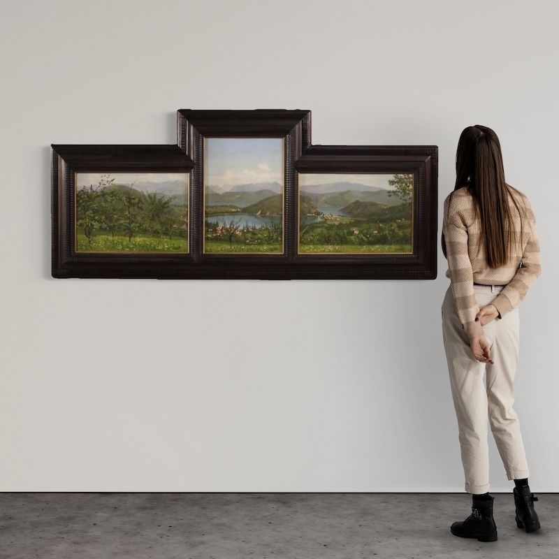 Triptyque de peintures italiennes du XXe siècle, vue du lac de Lugano photo furniture