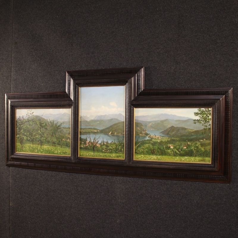 photo buy Triptyque de peintures italiennes du XXe siècle, vue du lac de Lugano