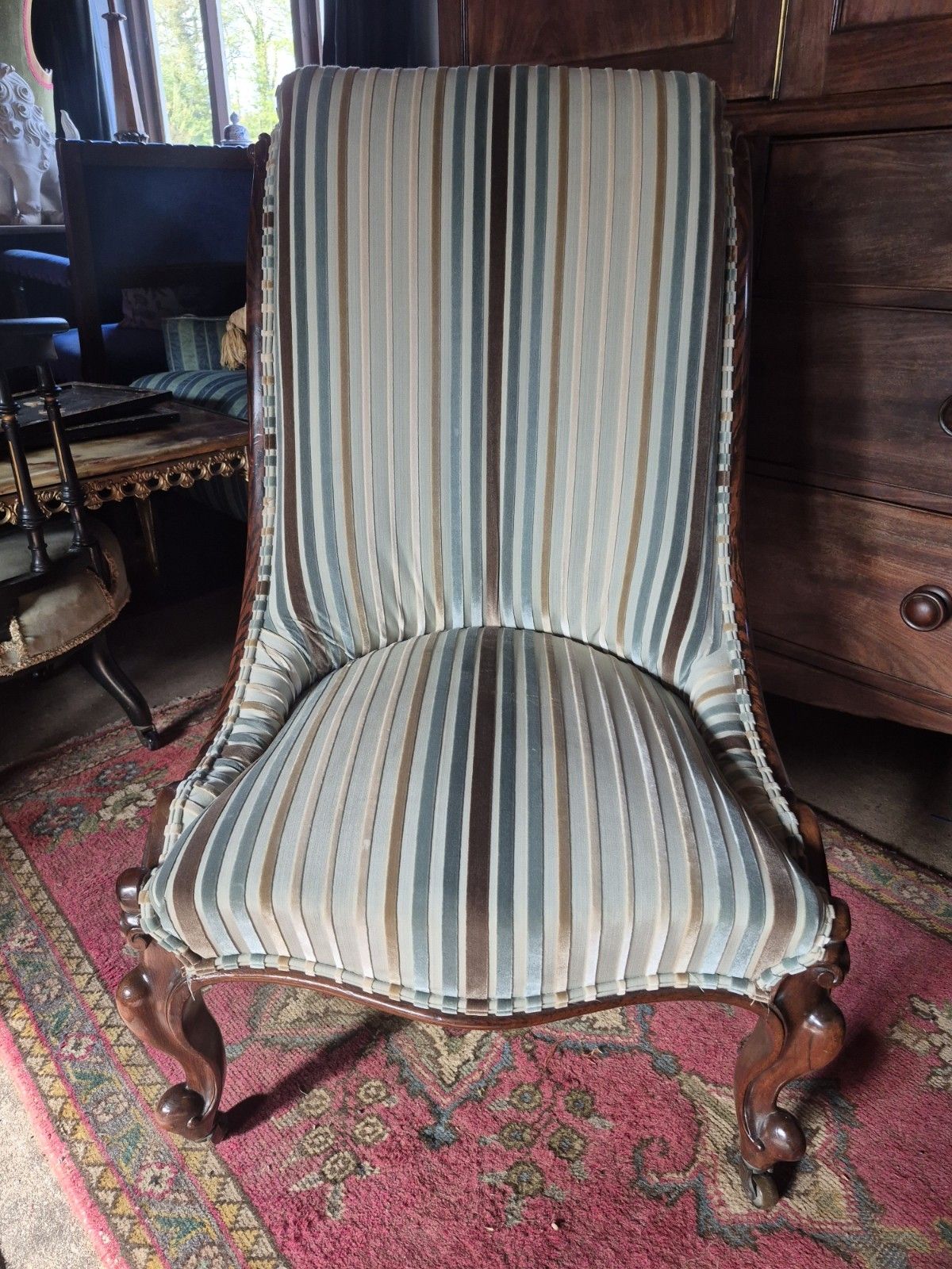 photo buy Fabulous Victorian Vintage Stripey Velvet Zebra Wood Scrollback Slipper Armchair