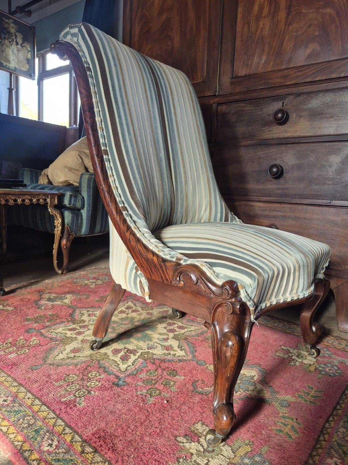 photo vintage Fabulous Victorian Vintage Stripey Velvet Zebra Wood Scrollback Slipper Armchair