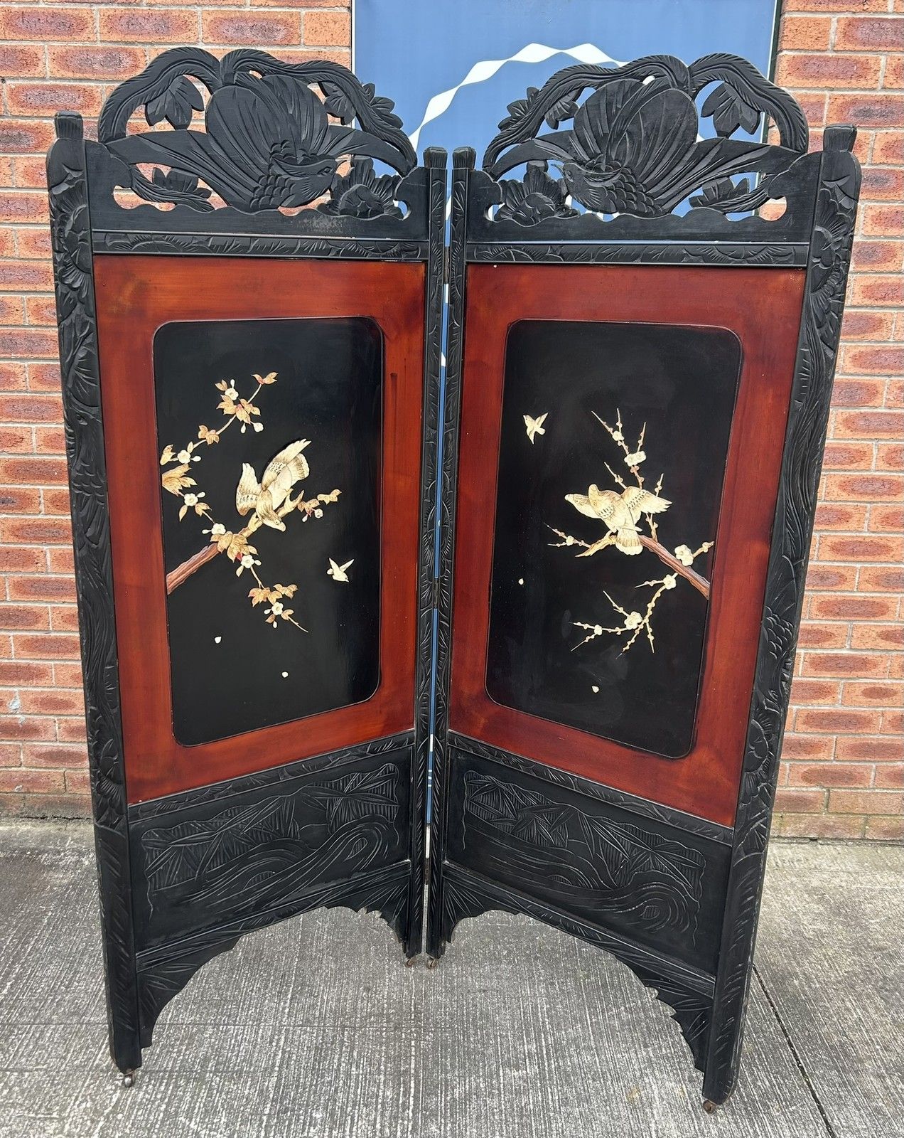 Antique Japanese Dress Screen Divider Hand Painted & Carved Birds Meiji Period