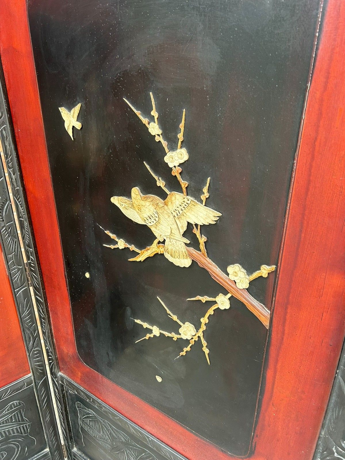 Antique Japanese Dress Screen Divider Hand Painted & Carved Birds Meiji Period photo for sale