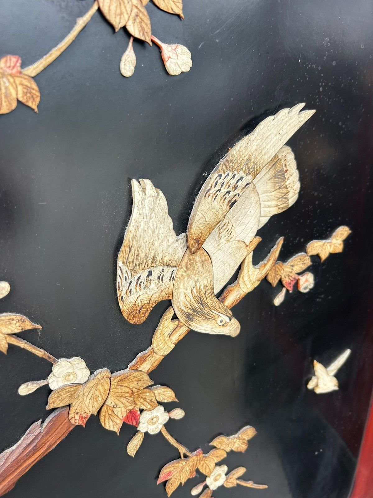 Antique Japanese Dress Screen Divider Hand Painted & Carved Birds Meiji Period photo vintage