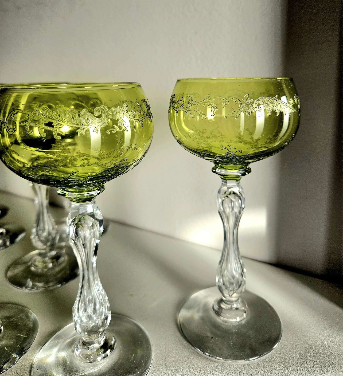 Pair Of Antique, Uranium St Louis French Crystal Hock Glasses In Lime Green photo for sale