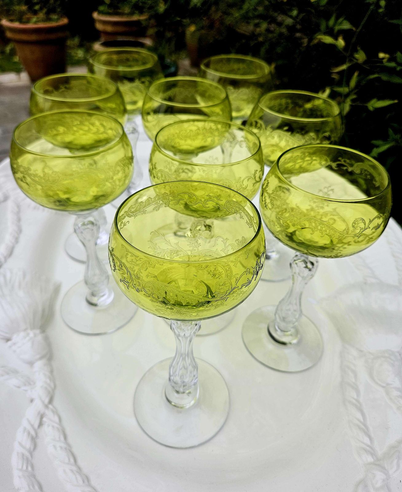 125.0 Pair Of Antique, Uranium St Louis French Crystal Hock Glasses In Lime Green photo