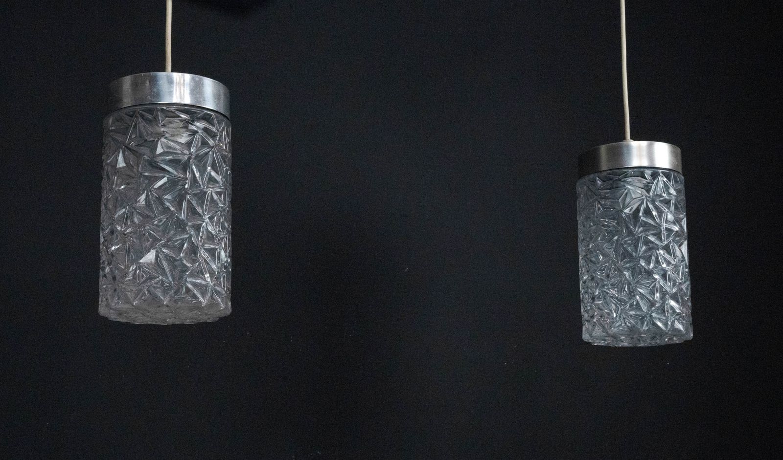 Pair Of Italian Pendant Lights In Glass And Polished Aluminum, 1970s photo vintage