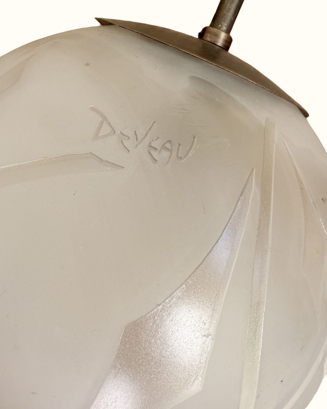 1930s Deveau French Art Deco Frosted Glass And Bronze Ceiling Lamp photo 495.0