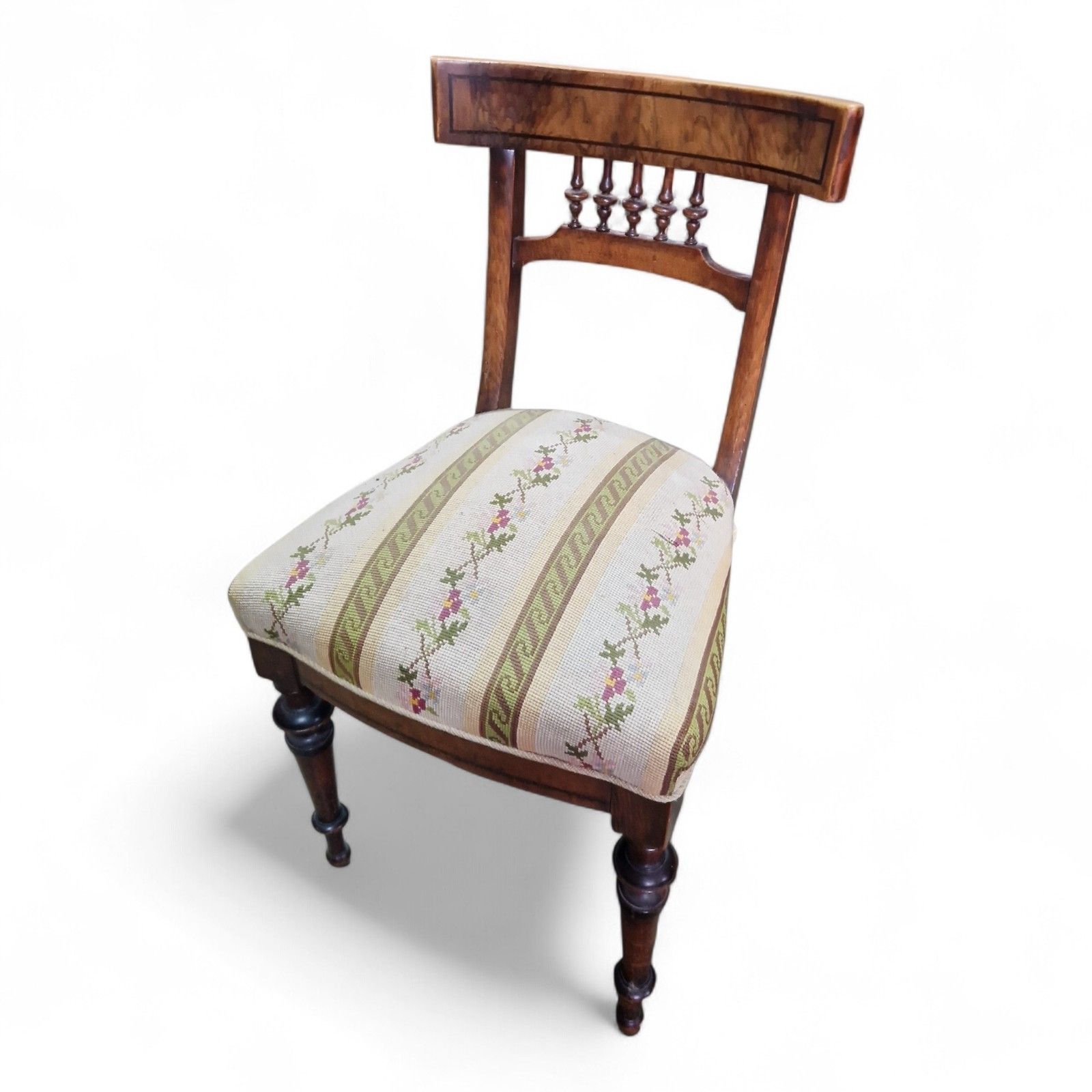 Antique Victorian Walnut Chair Continental Spindle Back Embroidered Seat photo 75.0
