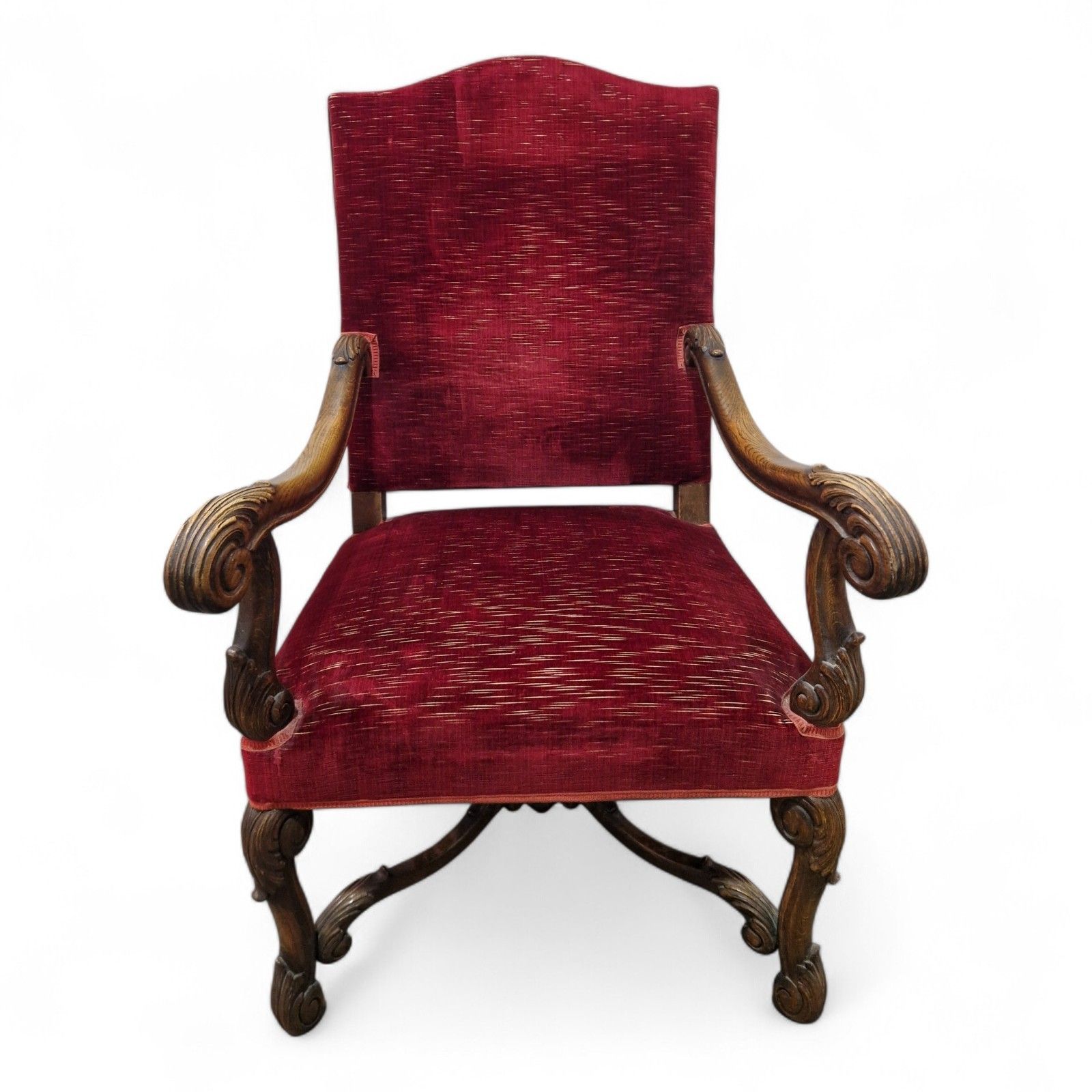 Antique Carved Wood Armchair Continental Throne Chair Red Velour Statement Oak