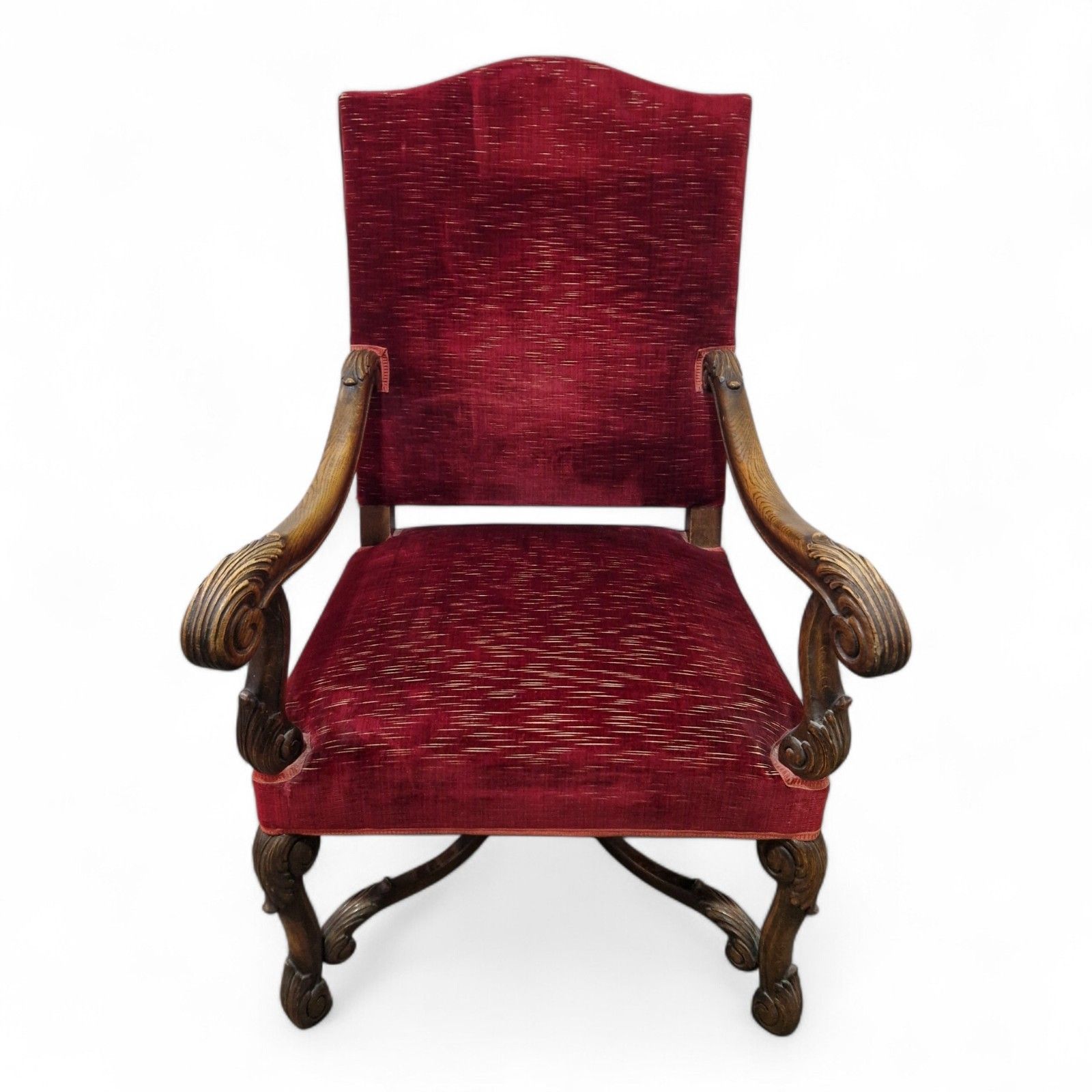 Antique Carved Wood Armchair Continental Throne Chair Red Velour Statement Oak photo furniture