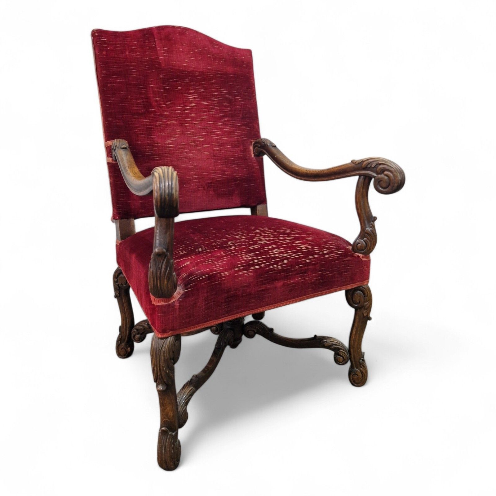 Antique Carved Wood Armchair Continental Throne Chair Red Velour Statement Oak photo Furniture