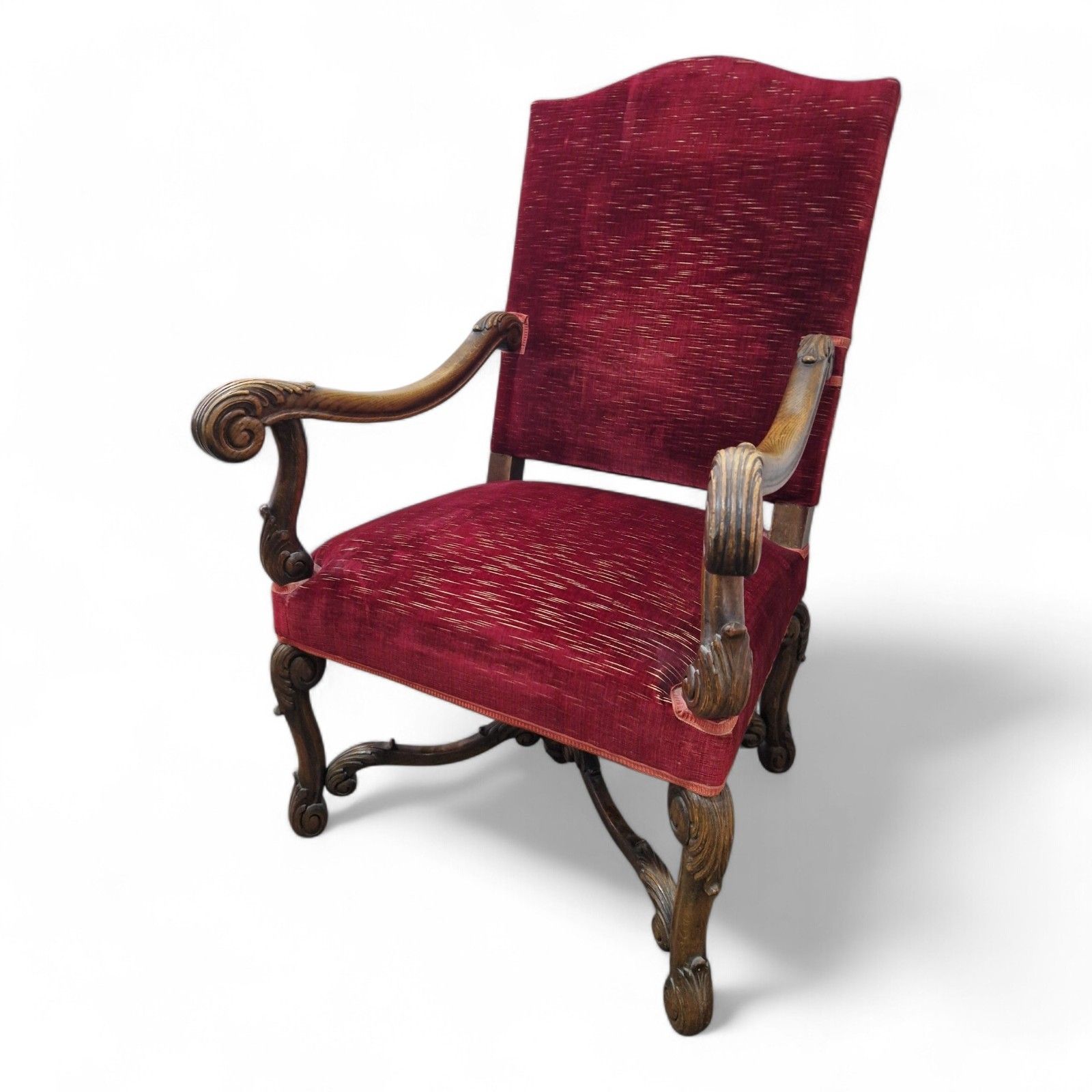 Antique Carved Wood Armchair Continental Throne Chair Red Velour Statement Oak photo 250.0