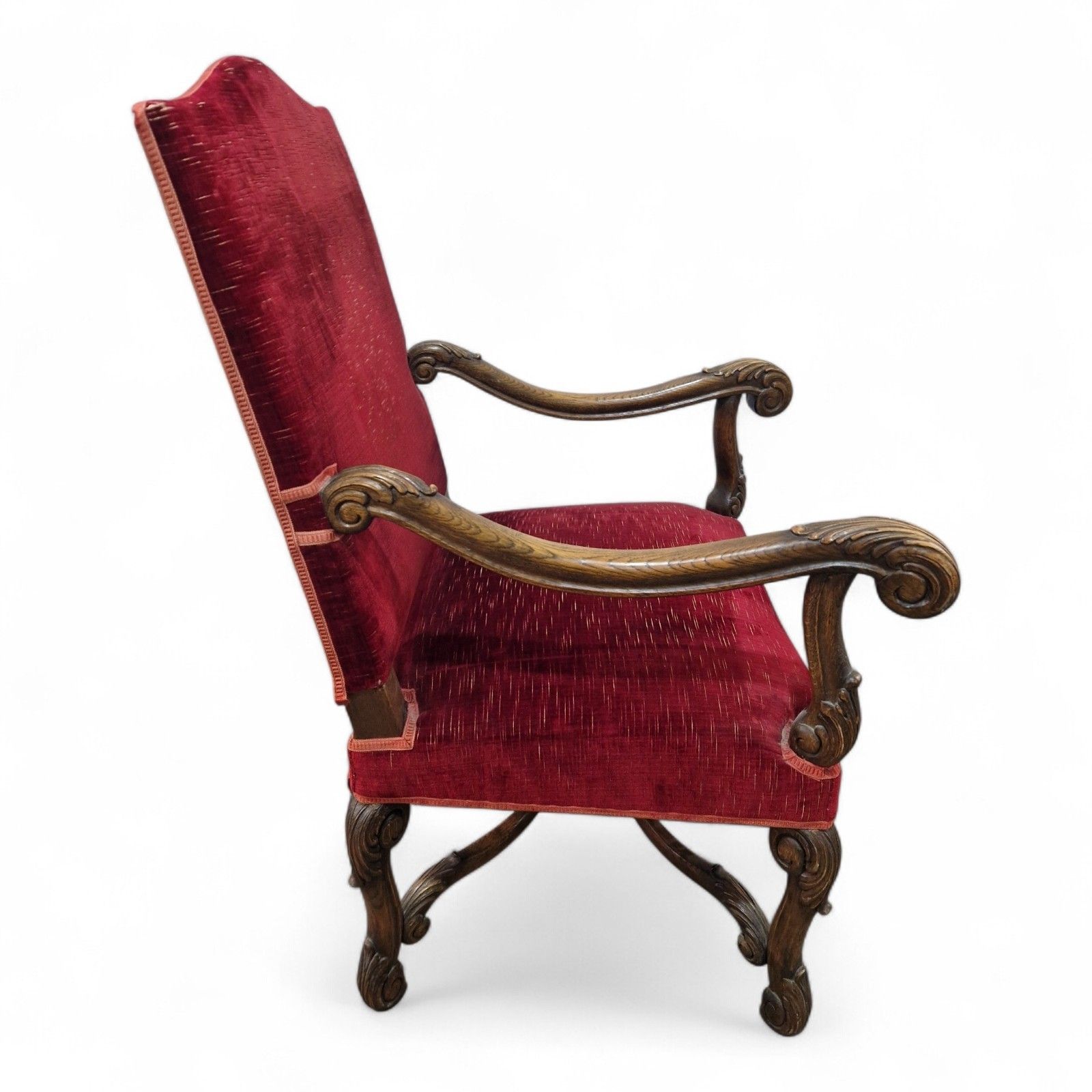 photo for sale Antique Carved Wood Armchair Continental Throne Chair Red Velour Statement Oak