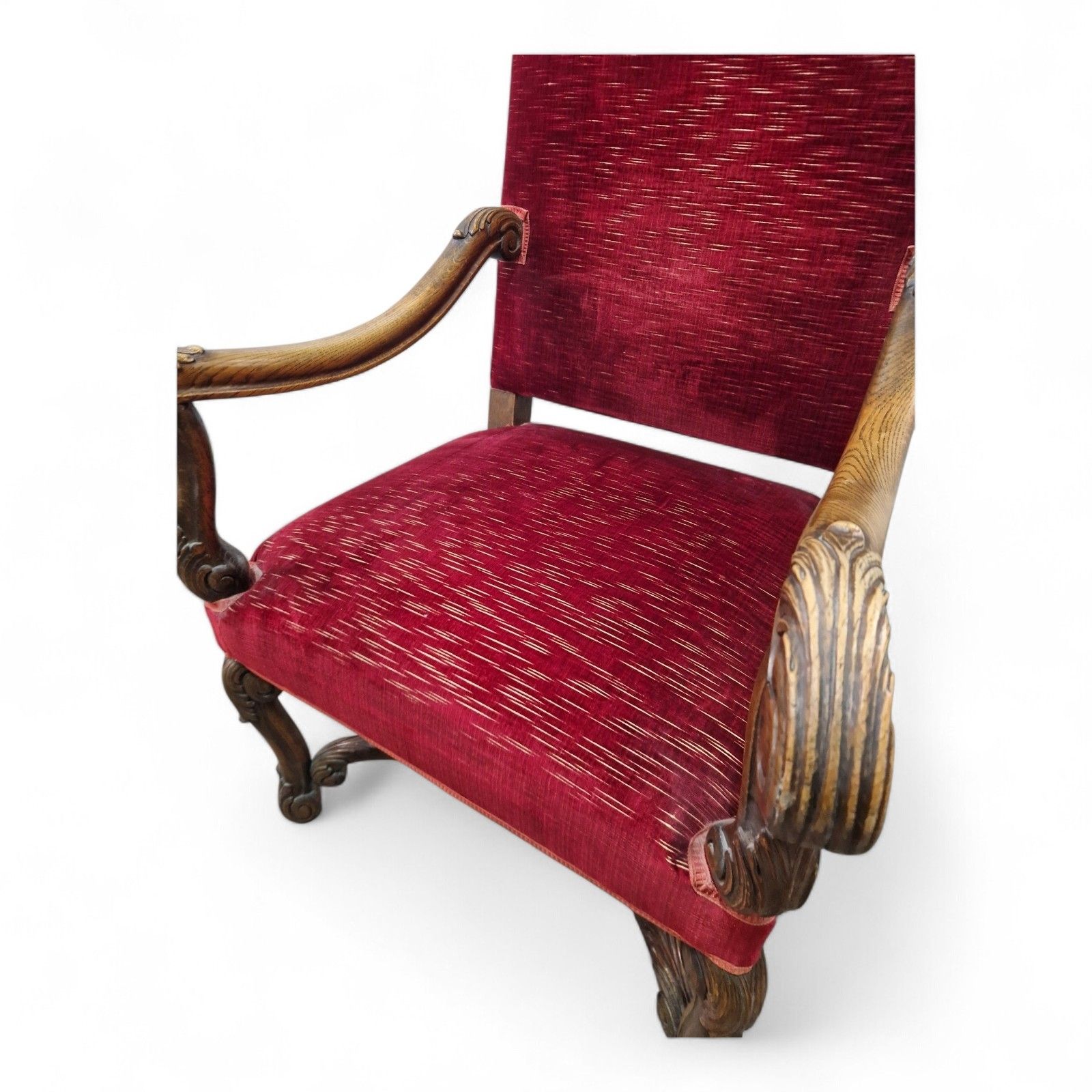 photo vinterior Antique Carved Wood Armchair Continental Throne Chair Red Velour Statement Oak