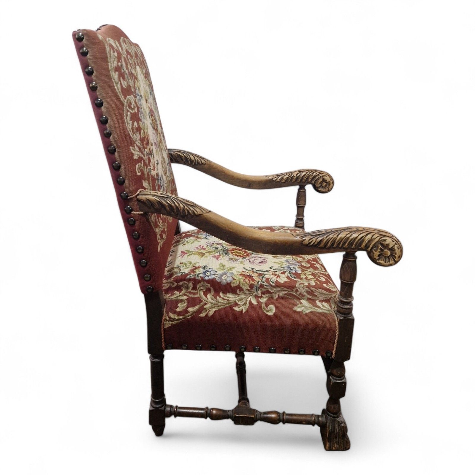 photo buy Antique Carved Wood Armchair Continental Oak Throne Chair Large Floral Statement