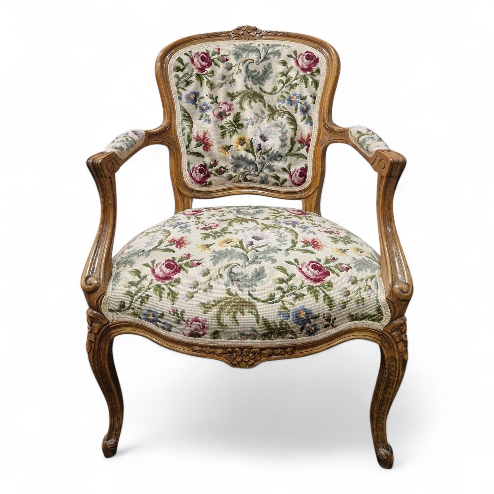 French Walnut Armchair Carved Cabriole Floral Upholstery Bedroom Chair Pretty