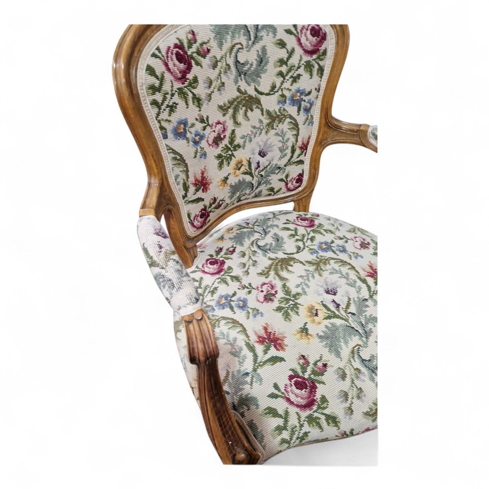 French Walnut Armchair Carved Cabriole Floral Upholstery Bedroom Chair Pretty photo 175.0