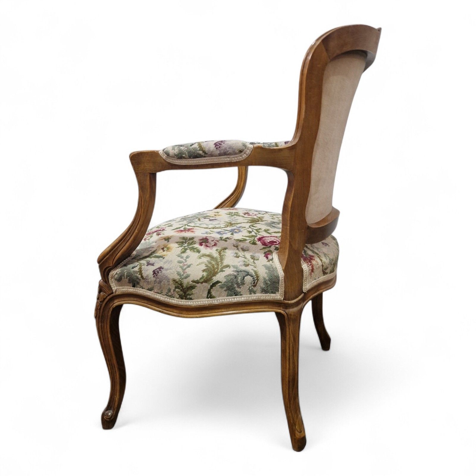 175.0 French Walnut Armchair Carved Cabriole Floral Upholstery Bedroom Chair Pretty photo