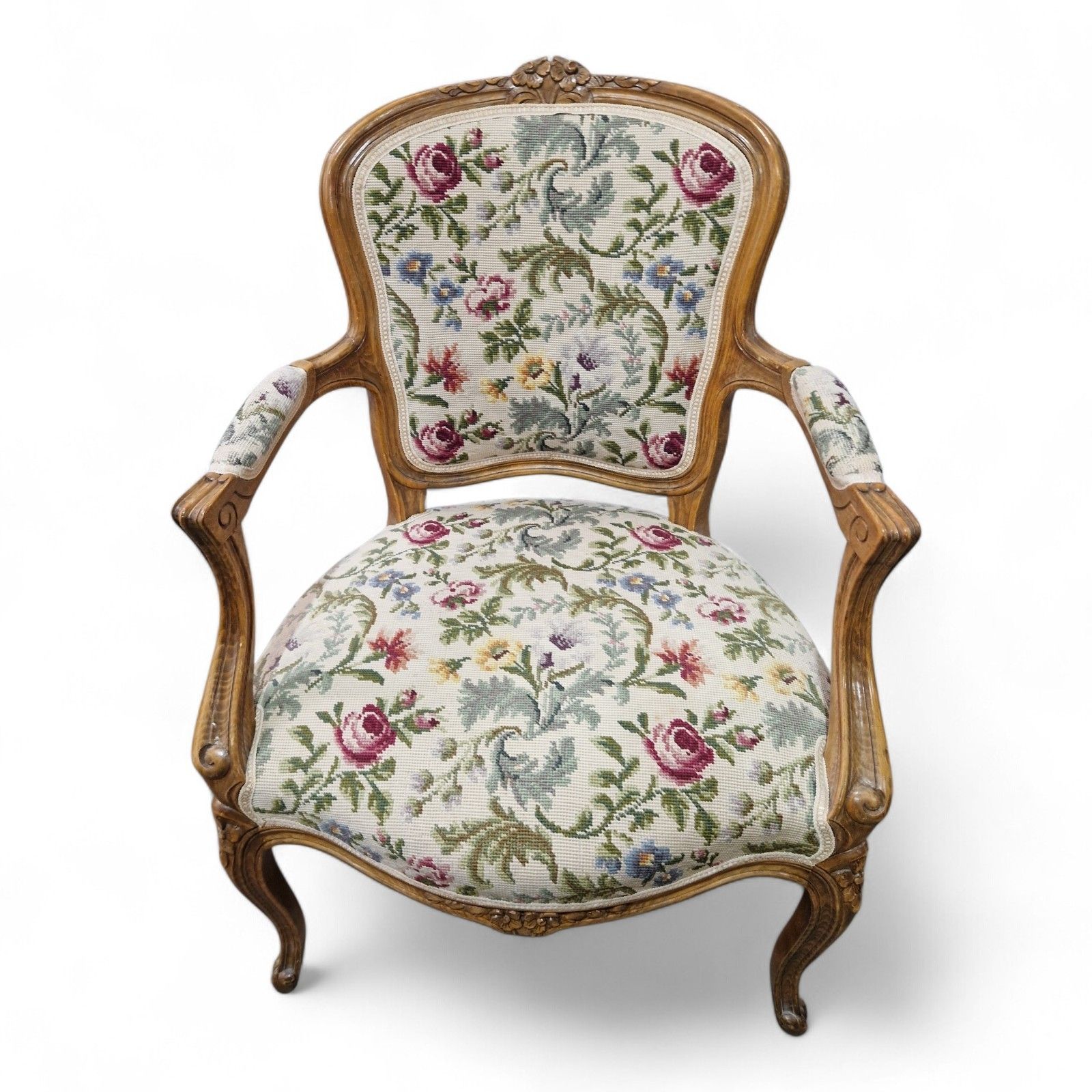 photo vintage French Walnut Armchair Carved Cabriole Floral Upholstery Bedroom Chair Pretty