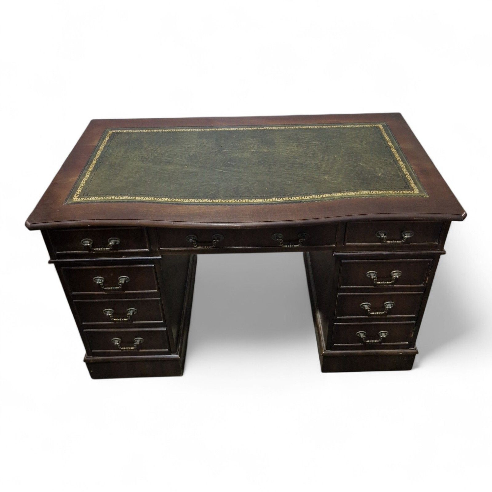 Antique Style Kneehole Desk Mahogany Pedestal Green Leather Serpentine Top photo furniture