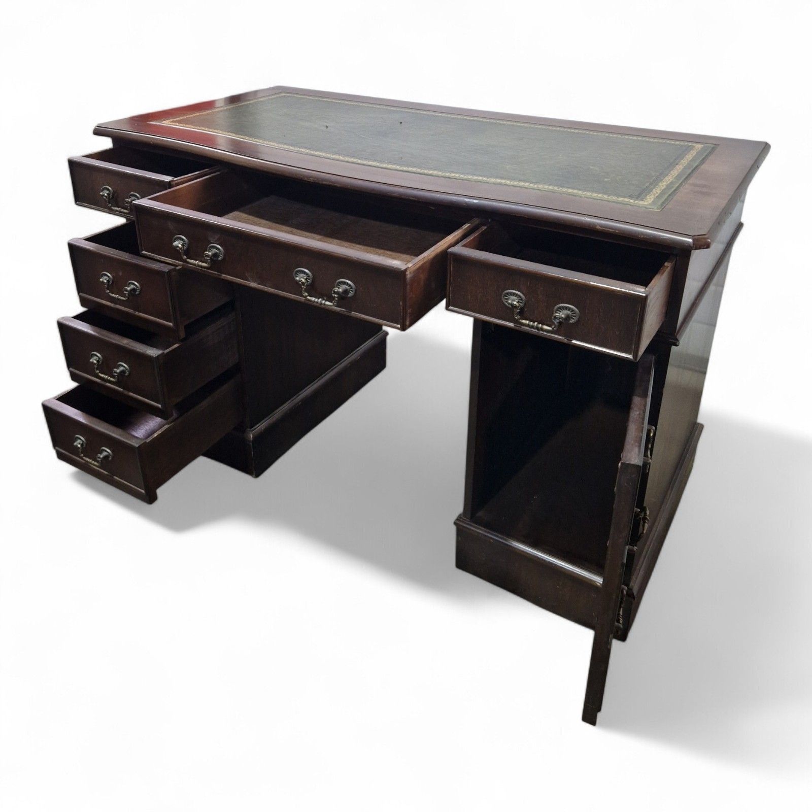 295.0 Antique Style Kneehole Desk Mahogany Pedestal Green Leather Serpentine Top photo