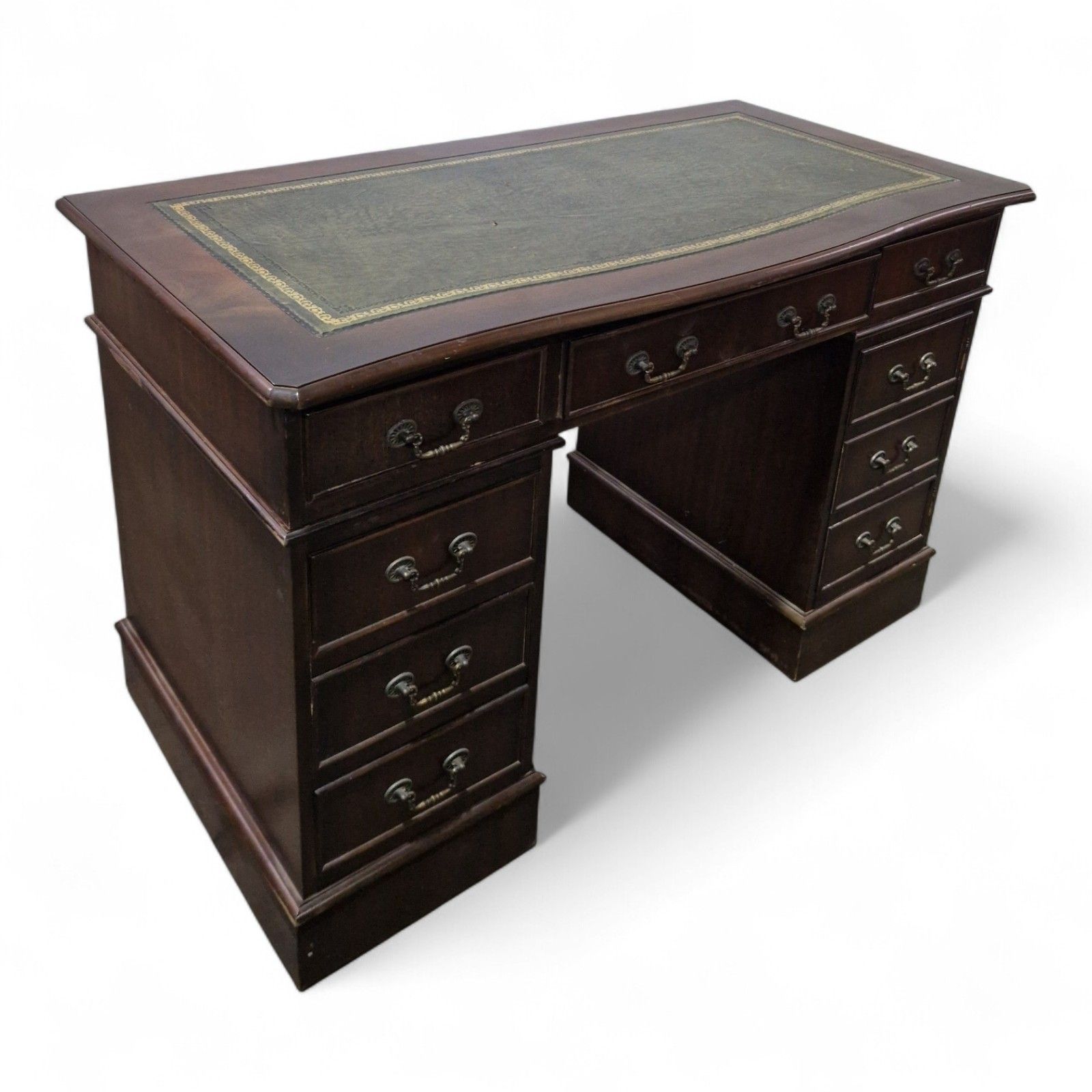 photo vintage Antique Style Kneehole Desk Mahogany Pedestal Green Leather Serpentine Top