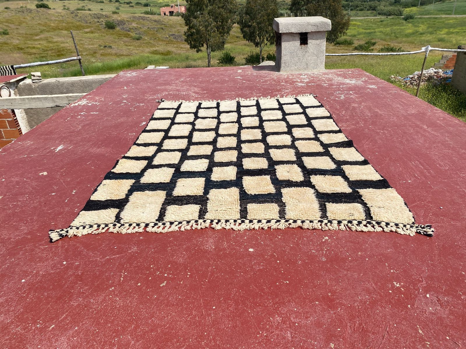 Beni Ourain Moroccan Rug – 230 X 160 Cm | Handwoven Wool | Black & Cream Geometric Grid Berber Carpet photo furniture
