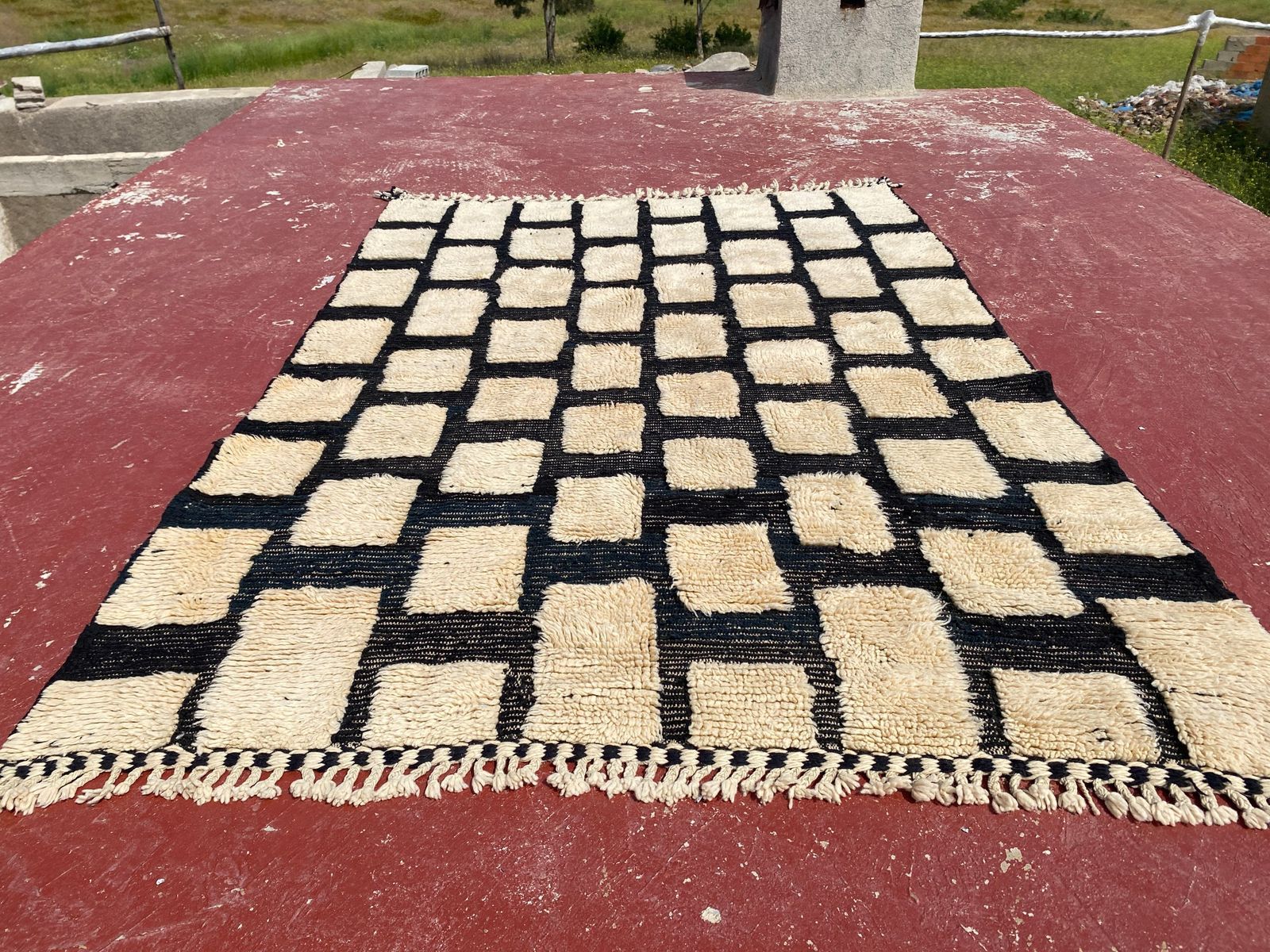 Beni Ourain Moroccan Rug – 230 X 160 Cm | Handwoven Wool | Black & Cream Geometric Grid Berber Carpet photo for sale
