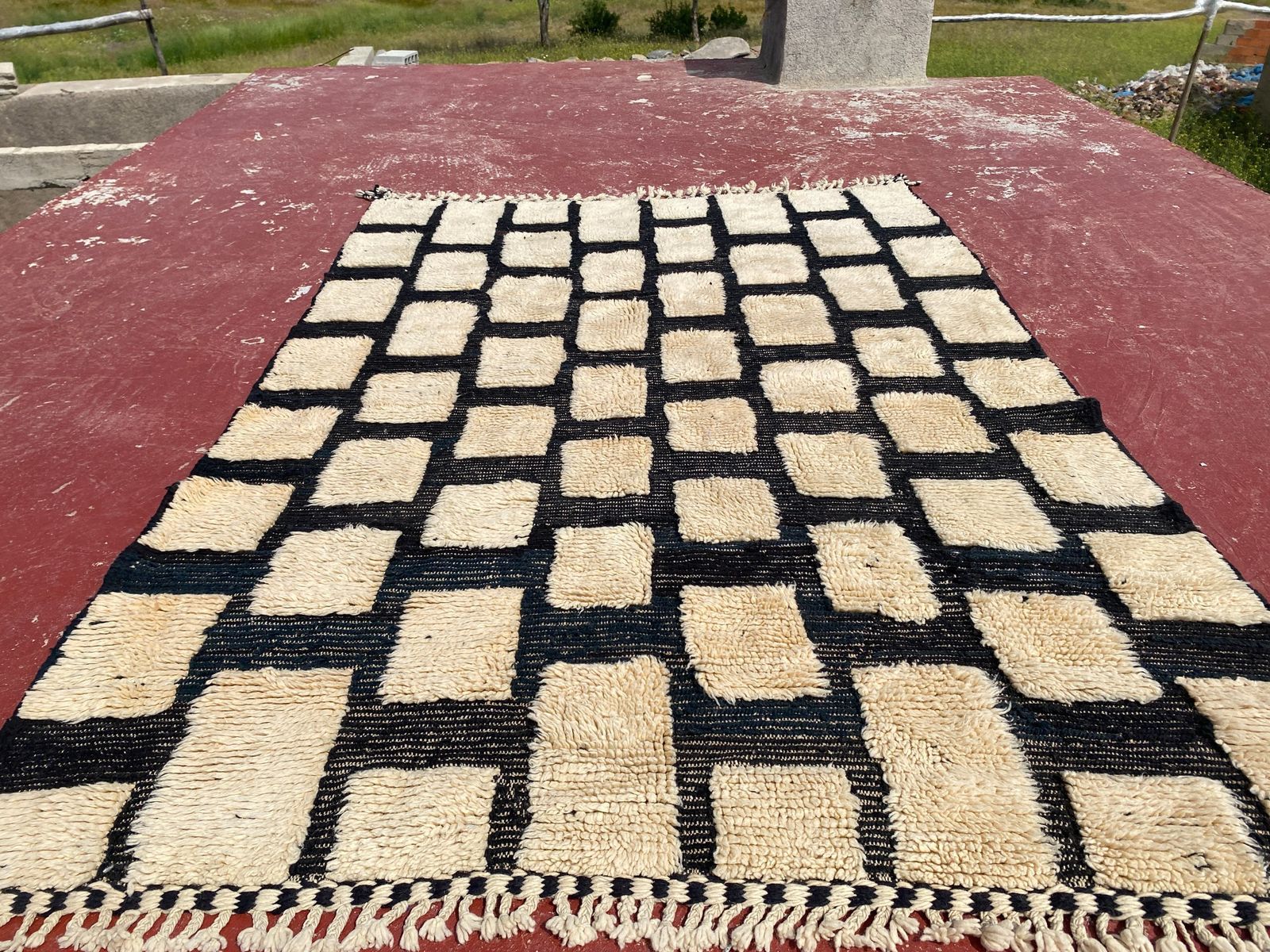 Beni Ourain Moroccan Rug – 230 X 160 Cm | Handwoven Wool | Black & Cream Geometric Grid Berber Carpet photo Textiles