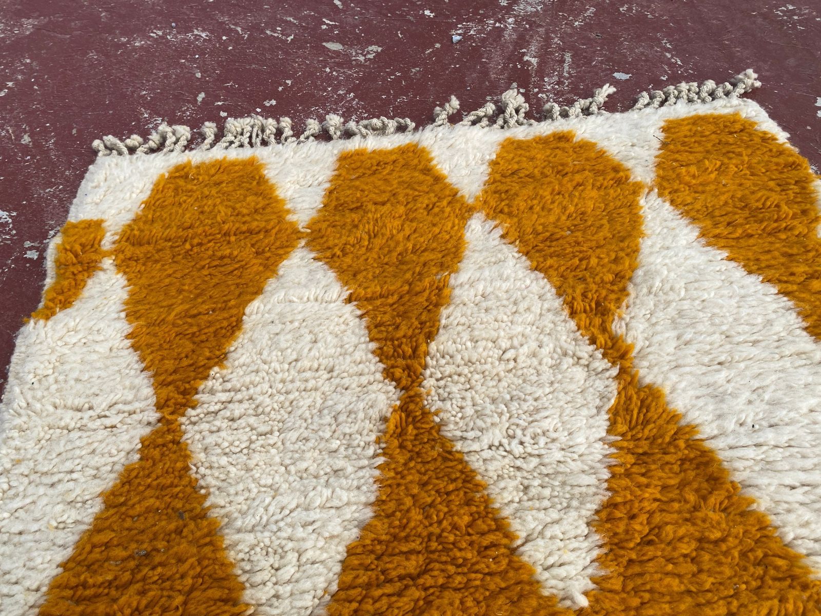 Vintage Beni Ourain Rug – Cream & Mustard Diamond Pattern – 154 X 98 Cm photo Textiles