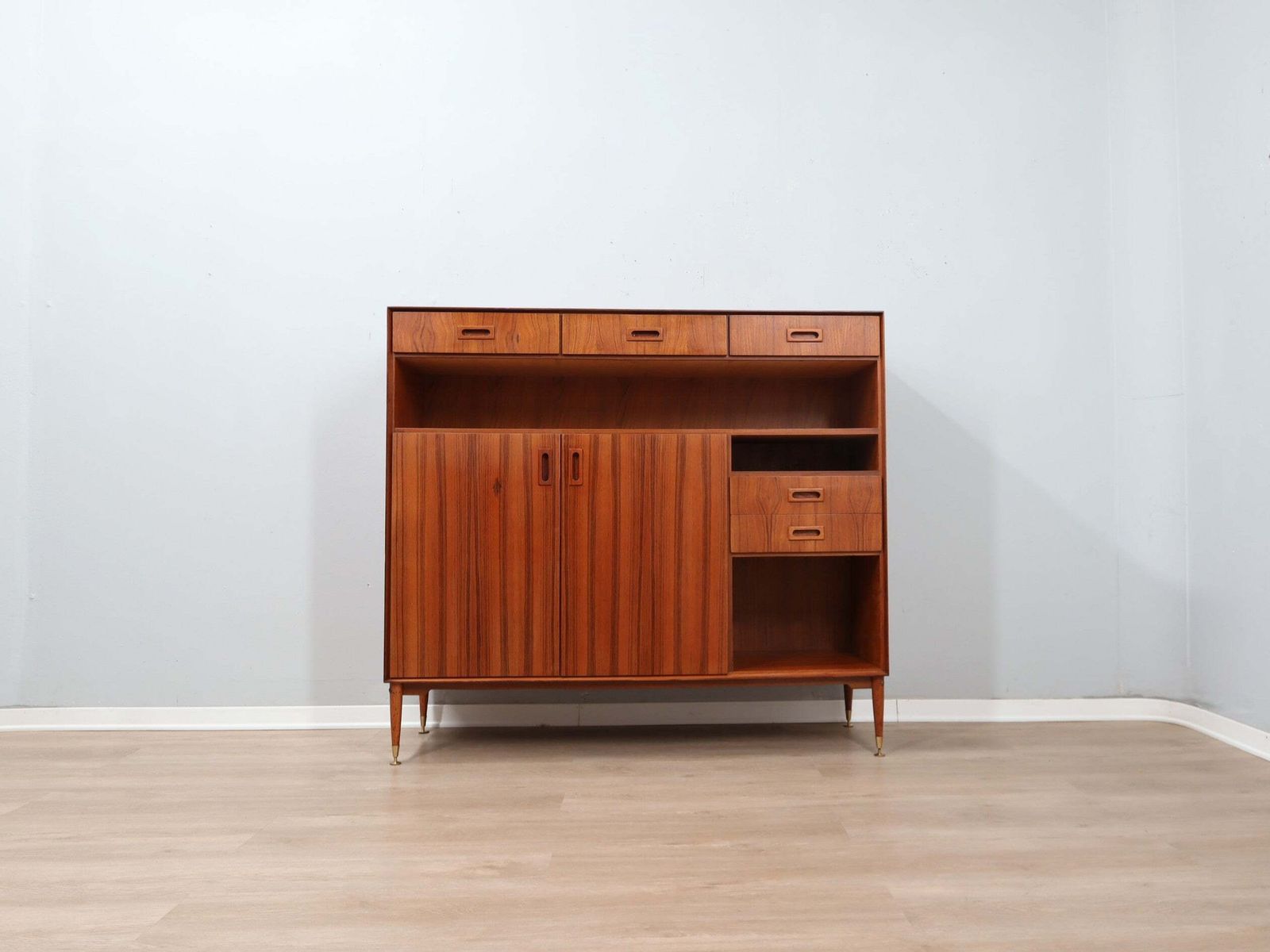 1960s Italian Mid Century Teak Highboard Restored With Brass Feet photo for sale