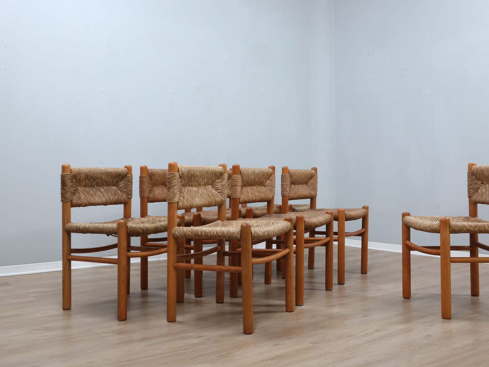 Set Of 8 Chairs 1960s Charlotte Perriand Style Woven Straw & Wood photo 3935.0
