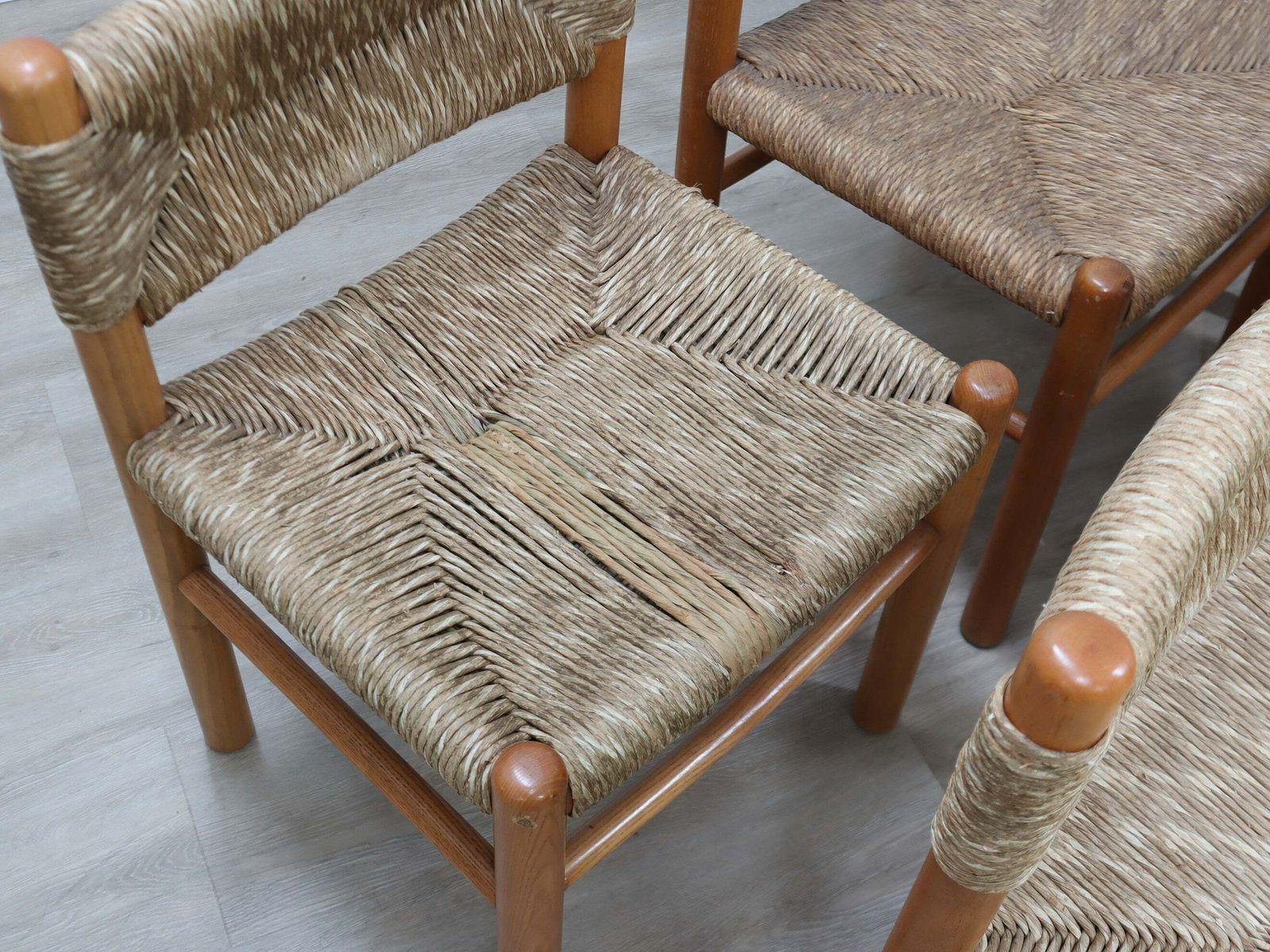 Furniture Set Of 8 Chairs 1960s Charlotte Perriand Style Woven Straw & Wood photo
