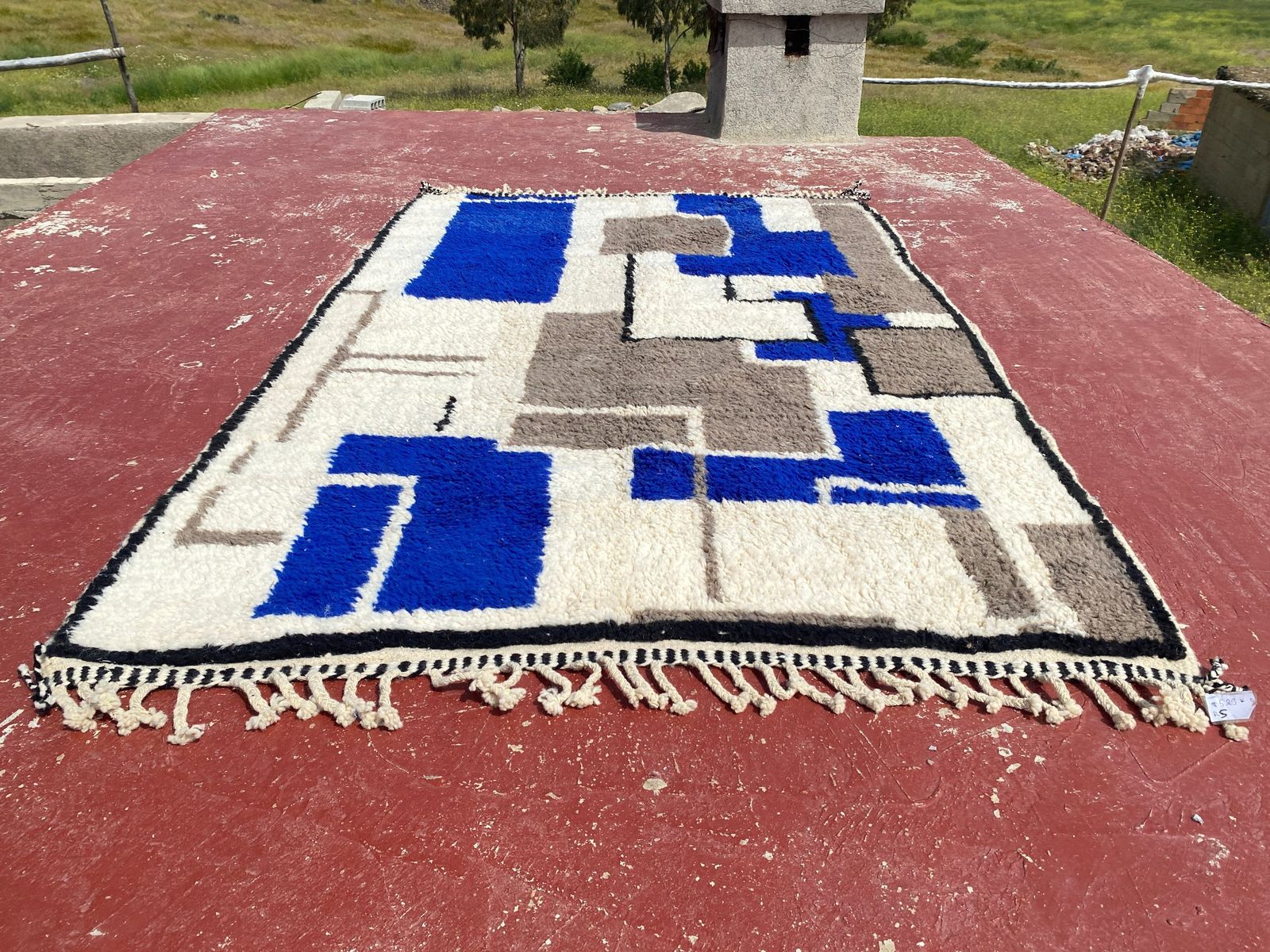 Vintage Beni Ourain Rug – Abstract Blue & Taupe Geometric – 255 X 170 Cm photo buy