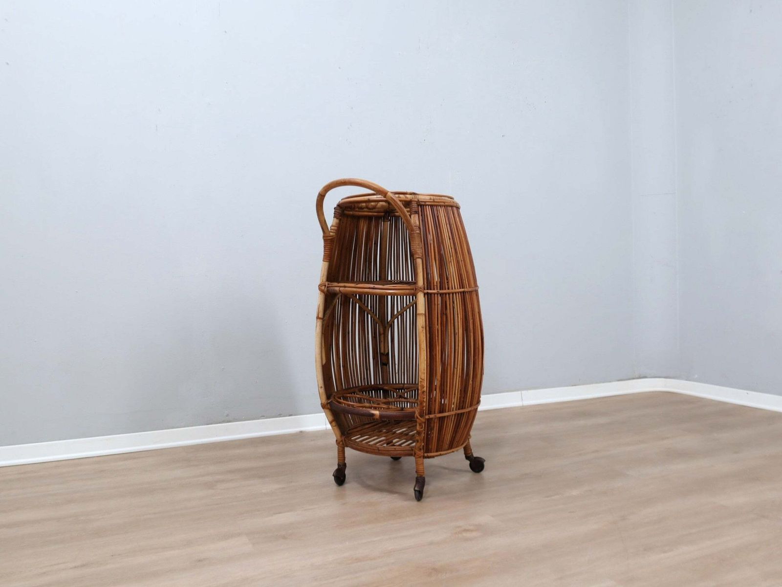 1960s Italian Mid Century Modern Rattan Barrel Bar Cart photo Furniture