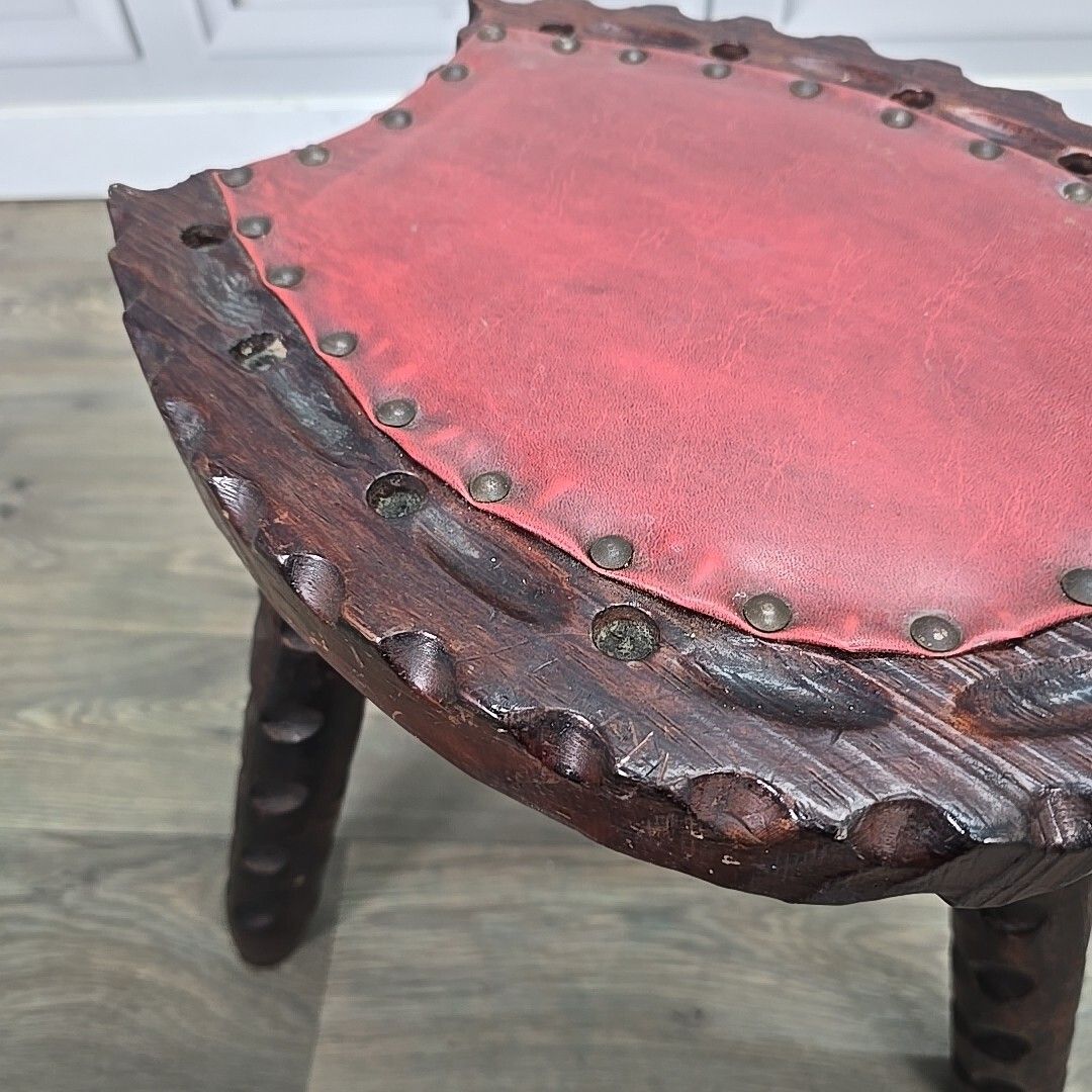 photo for sale Retro Vintage Spanish Stool Brutalist Wooden Carved Horseshoe Tripod Seat