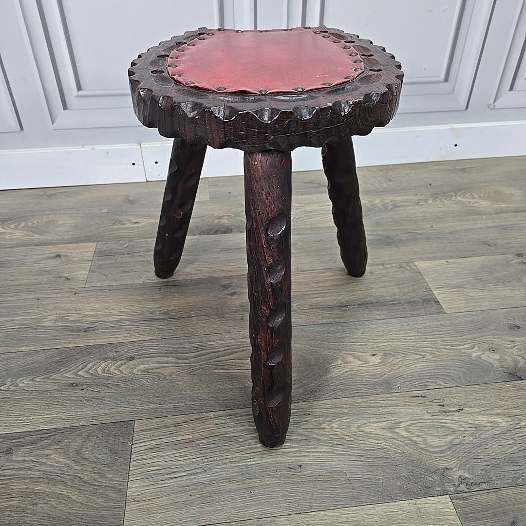 70.0 Retro Vintage Spanish Stool Brutalist Wooden Carved Horseshoe Tripod Seat photo