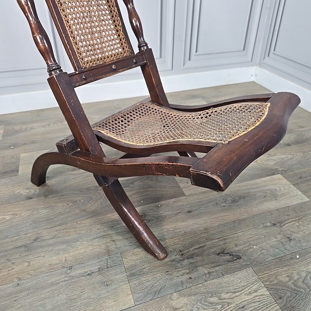 Furniture Antique Vintage Folding Officers Campaign "Safari" Chair Wooden Cane Seat photo