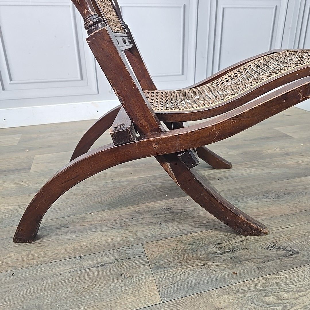 160.0 Antique Vintage Folding Officers Campaign "Safari" Chair Wooden Cane Seat photo