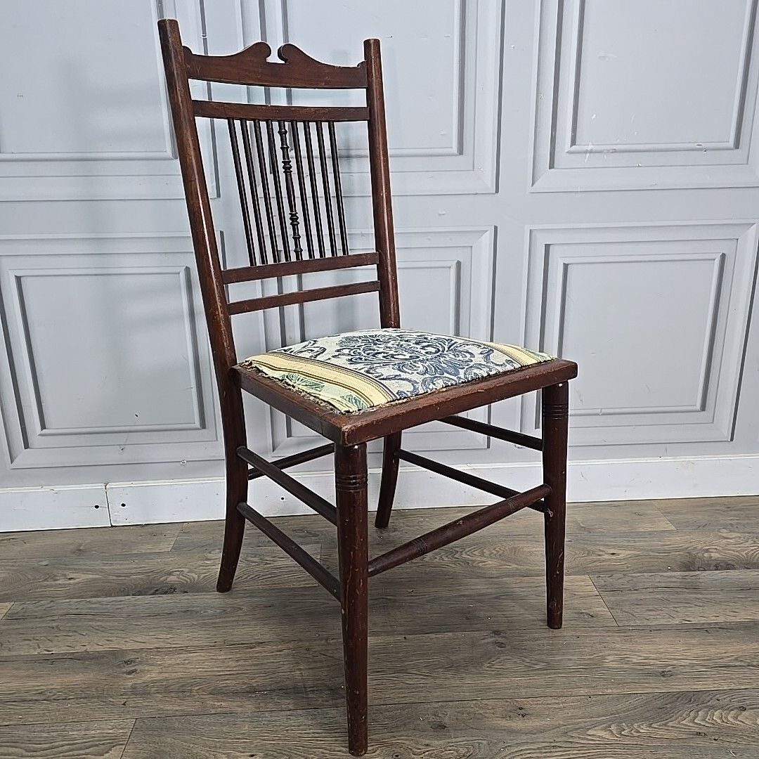 Antique Edwardian Chair Wooden Turned Back Upholstered Hall Lounge Bedroom Seat